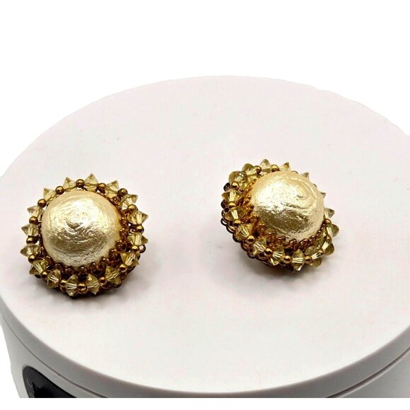 Mariam Haskell Signed Vintage Crystal and Gold toned Faux Pearl Clip earrings - Picture 1 of 6